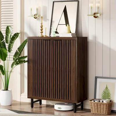 Image de Armoire à chaussures avec 6 niveaux et portes ventilées, meuble de rangement moderne pour l'entrée