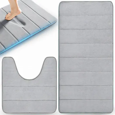 Produktbild von Badteppich Set 2-tlg, Waschbar rutschfest Badematten-Set, Badvorleger und WC, Teppich für Badezimmer, Grau Retoo