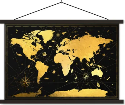 Produktbild von MuchoWow® Textilposter Weltkarte - Gold - Schwarz - Luxus 90x60 cm mit schwarzem Rahmen - Aufhängungssatz