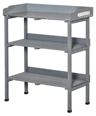 Image de Table de jardinage - Table de jardin avec plateau de travail en métal - Table à fleurs avec étagère - Structure en bois - 76 x 37 x 89 cm - Gris