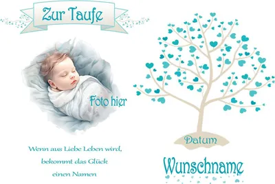 Produktbild von Taufe Lebensbaum Blau Türkis in rechteckig mit Foto und Taufspruch A5