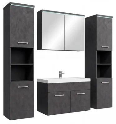 Image de Meuble de Salle de Bain Paso XL 80 x 40 cm – Gris Foncé – Meuble Suspendu avec Armoire Miroir et Colonnes