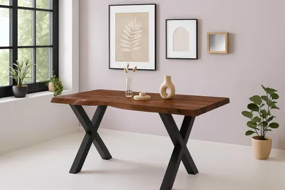 Produktbild von Esstisch Baumkante Akazie massiv 50mm Nussbaum 120 x 80 cm X-Gestell schwarz CALI