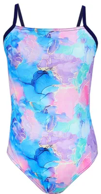 Produktbild von Aquarti Mädchen Badeanzug mit Spaghettiträgern Streifen, Farbe: Tie Dye / Dunkelblau / Blau / Lila / Rosa, Größe: 152