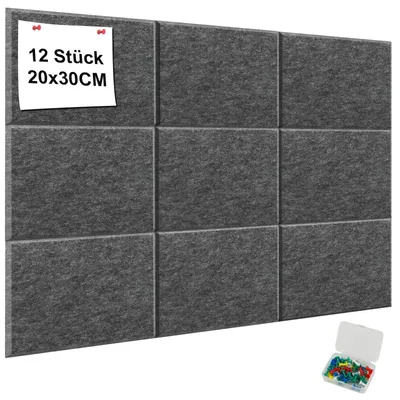 Image de Panneaux en feutre gris, dimensions 120 x 60 cm, adhésifs. 12 panneaux en feutre, dimensions 30 x 20 cm, décoratifs, sûrs et amovibles, idéaux pour les murs de photos, les tableaux d'affichage et la décoration murale.