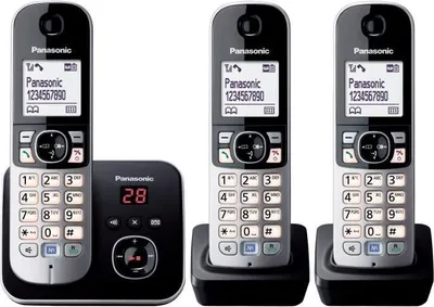 Immagine prodotto di Telefono cordless DECT Panasonic KX-TG6823, Trio, segreteria telefonica, soppressione del rumore, blocco selettivo, nero e grigio