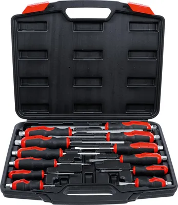 A set of screwdrivers in a black and red case, displayed against a white background.