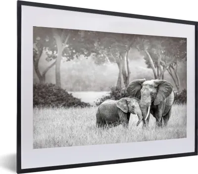 Produktbild von MuchoWow® MuchoWow® Gerahmtes Poster Elefant - Tiere - Natur - Schwarz und weiß 60x40 cm - Poster mit zchwarzem Bilderrahmen - Schlafzimmer - Plakat in Rahmen - Drucken