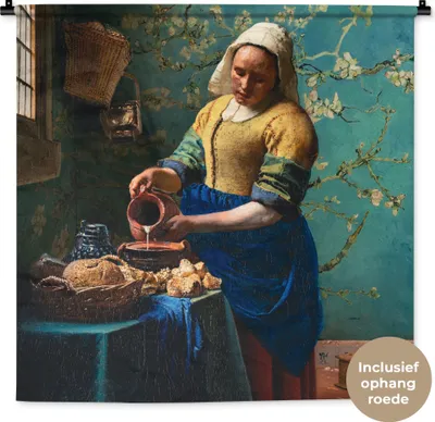 Produktbild von MuchoWow® Wandteppich Wandbehang Milchmädchen - Mandelblüte - Van Gogh - Vermeer - Gemälde - Alte Meister 90x90 cm Tapisserie Dekoration Wandtuch - Wandaufhänger