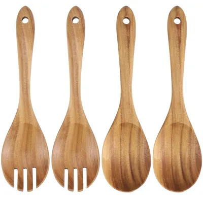 4er-Set Salatbesteck aus Akazienholz, 2 Löffel + 2 Gabeln
