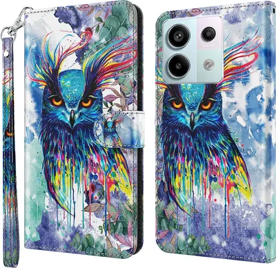 Produktbild von CLM-Tech Handyhülle kompatibel mit Xiaomi Redmi Note 13 Pro 5G Hülle - Tasche aus Kunstleder - Klapphülle mit Ständer und Kartenfächern - Schutzhülle Wallet Case Cover Eule bunt
