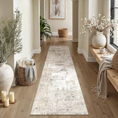 Imagen del producto de Alfombra para pasillo, diseño moderno, color beige y gris, dimensiones 80x400 cm