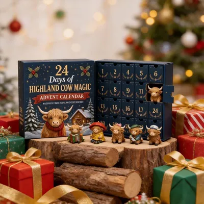 Produktbild von Highland Cow Adventskalender mit 24 Figuren in Geschenkbox, nummerierte Türchen als kleine Geschenkidee im Advent