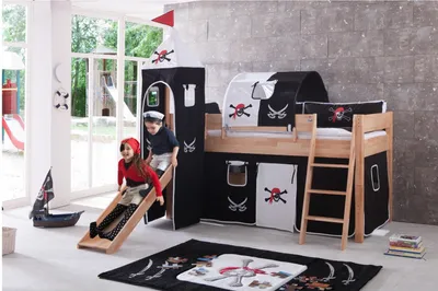 Produktbild von Halbhohes Einzelbett Kim Buche massiv 90x200 cm mit Rutsche und Textilset