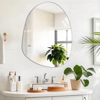 Image de Miroir mural asymétrique, sans cadre, en verre HD, dimensions 36x47,7 cm. Miroir adhésif, idéal pour la salle de bain ou le salon