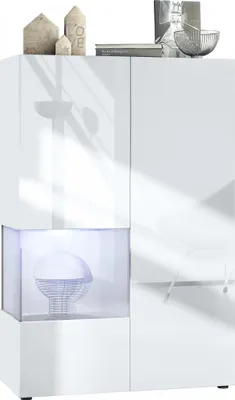 Produktbild von Vladon Vitrine Morena V2,  Germany, Standvitrine mit 2 Türen und Glaseinsatz, Korpus Weiß matt, Fronten Weiß Hochglanz, Cube Weiß matt inkl. LED-Beleuchtung Weiß (91,5 x 136,5 x 37 cm)