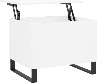 A white lift-top coffee table with black metal legs, shown from the front.