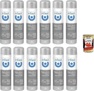 Produktbild von Infasil Deodorant-Spray Neutral Dreifach-Schutz, Schutz und Wirksamkeit gegen Schweiß und schlechte Gerüche, Deo 12x 150 ml + Italian Gourmet polpa 400g
