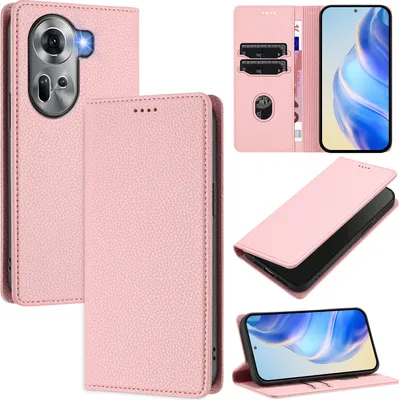 Produktbild von Litchi Leder Handyhülle für Oppo Reno11 Wallet Kartenfächer Standfunktion Hülle Pink