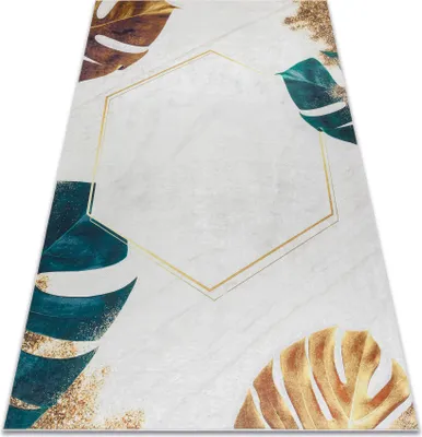 Zdjęcie produktu dla Dywan do prania ANDRE 1150 Liście Monstera, sześcian antypoślizgowy - biały / złoty wielokolorowy 80x150 cm