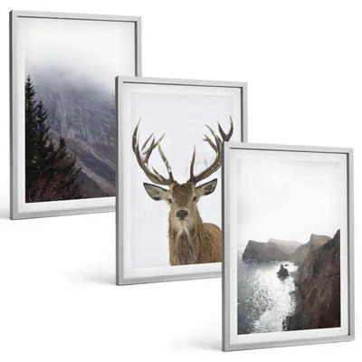 Produktbild von Bilder Set 3-teilig im silbergerahmten Rahmen – Wandbilder 3 Stück – gerahmte Poster für Wohnzimmer, Schlafzimmer und Flur – 40x60 cm – Berglandschaft mit Hirschen