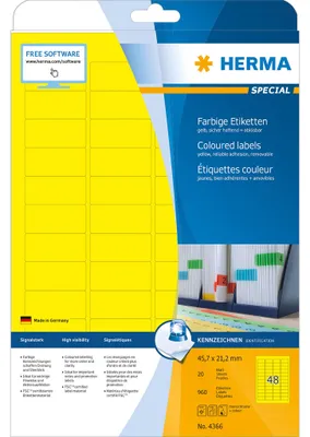 Obrázek produktu pro HERMA 4366, Žlutá, Samolepicí štítek, A4, Papír, Laserová/inkoustová tiskárna, Vyjímatelná