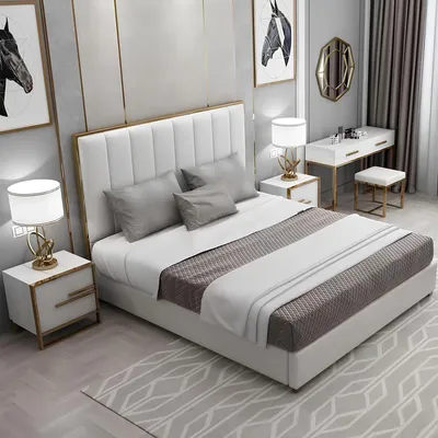 Zdjęcie produktu dla Łóżko tapicerowane Luksusowe Łóżko Podwójne Beżowe180x200cm Sypialnia Skórzany Hotel