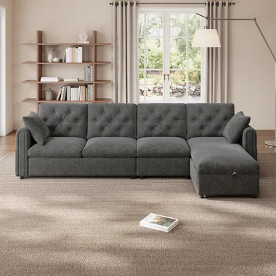 Produktbild von Merax Ecksofa L-förmiges 4-Sitzer,  sofa mit Bettkasten, Schlaffunktion, Kissen und Magazintaschen, Couch, Couchgarnitur, Samt, Grau