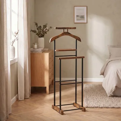 Produktbild von Herrendiener MEDINA, Schwarz/Vontage - Kleiderständer mit Hosenbügel und Sakkohalter, Stummer Diener mit Ablage für Schmuck oder Uhren, Kleiderablage Schlafzimmer, MDF/Metall