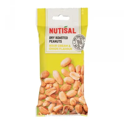 Zdjęcie produktu dla Nutisal Orzeszki ziemne prażone na sucho Torebka z kwaśną śmietaną i cebulą (14x 60gr)