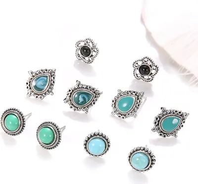 Produktbild von 5 Paar Ohrstecker für Damen, Retro-Stil, Ethno-Stil, Kunsttürkis, Bohemian-Stil, hohl, glatt, antiallergisch, Ohrschmuck, Schmuck für Damen