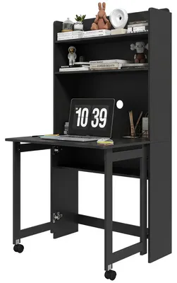 Produktbild von Computertisch mit Ablagef?chern, klappbarer Tischplatte, 2 Rollen, fš¹r Schlafzimmer und Wohnzimmer, 80 x 69 x 155 cm, Schwarz