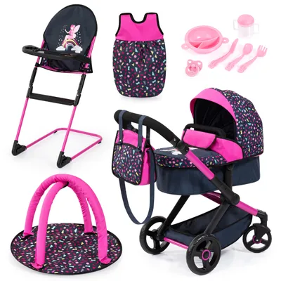 Produktbild von Bayer Design 17080AB Puppenwagen Xeo, verstellbarer Griff, Schwenkschieber, wandelbar als Jogger, Schlafsack, Hochstuhl, Spielbogen, Puppenzubehör