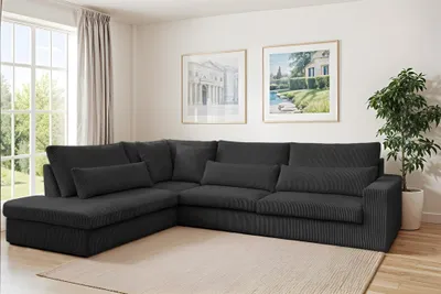 Produktbild von Ecksofa Designersofa THORA in Stoff Poso Schwarz Ottomane Links