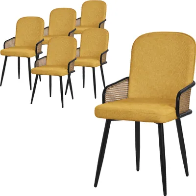 Produktbild von ML-Design Esszimmerstühle 6er Set Senf Stoffbezug Küchenstuhl mit Rattan Optik-Armlehnen Gepolsterte Stühle mit Metallbeinen Sessel ergonomisch