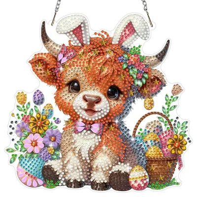 Immagine prodotto di Set per creare un ciondolo a forma di mucca con tecnica diamond painting, ideale per decorare finestre o come ornamento da appendere, perfetto per Pasqua o come regalo. Include elementi floreali