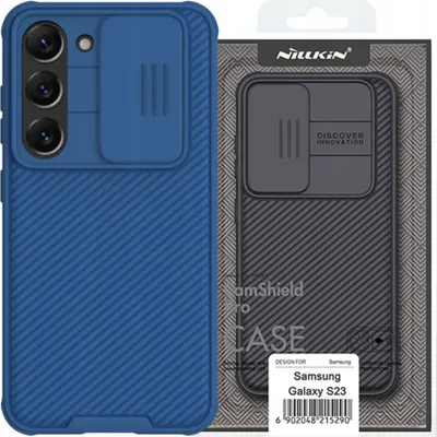 A blue phone case is shown next to its packaging, which displays a black version of the same case.