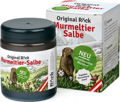 A jar of Murmeltier Salbe (marmot ointment) and its packaging are shown against a white background.