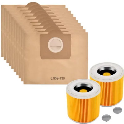 Produktbild von Staubsaugerbeutel und Filter für Karcher WD3 Ersatzbeutel 6.959-130  [Set 10] und Ersatzfilter 6.414-552.0  [Set 2] Phonillico®