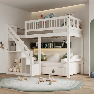 Produktbild von Merax Etagenbett 90x200cm mit Treppe und Stauraum, Hochbett mit Rausfallschutz und Lattenrost,Einzelbett Kinderbett Holzbett Jugendbett Stockbett,Weiß