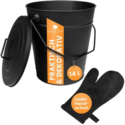 Produktbild von BLACK OAK ETNA Ascheeimer 14L Schwarz mit Deckel & Lederhandschuh, Ø29xH34cm, verzinkter Stahl mit Premium Pulverbeschichtung schwarz