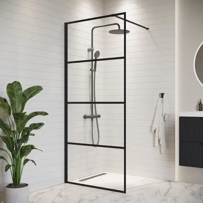 Produktbild von Essos Walk-In Duschwand Schwarz Glas 8mm 60x200cm Nano gespiegelt platzierbar Profile Stabilisierungsstange für Duschwanne oder Boden