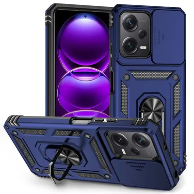 Immagine prodotto di Xiaomi Redmi Note 12 5G custodia a doppio strato con copertura scorrevole per la fotocamera e supporto ad anello blu