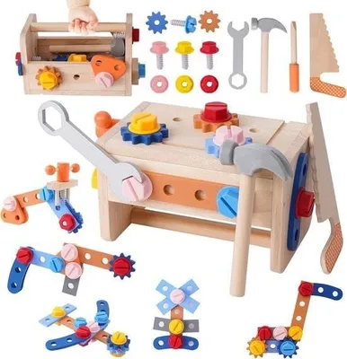 Immagine prodotto di Cassetta degli attrezzi Montessori per bambini – Set di 38 attrezzi in legno – Dai 2, 3 o 4 anni – Pratico tavolo da lavoro – Giocattoli in legno per giochi di ruolo – Di grande valore educativo – Idea regalo