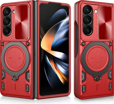 Produktbild von Handyhülle für Samsung Galaxy Z Fold 5 Dual-Layer Stoßfest Rüstung Hülle mit Dia Kameraschutz und Kreisförmig Ring Ständer Rot