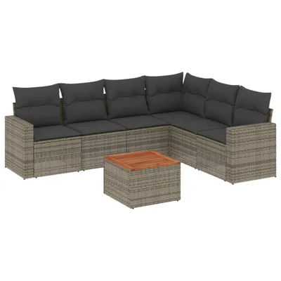 Produktbild von 7-tlg. Garten-Lounge-Set, Modulare Sofagarnitur mit Stauraum, Poly Rattan Grau, Akazienholz-Tisch, UV-beständig, inkl. Kissen Dunkelgrau