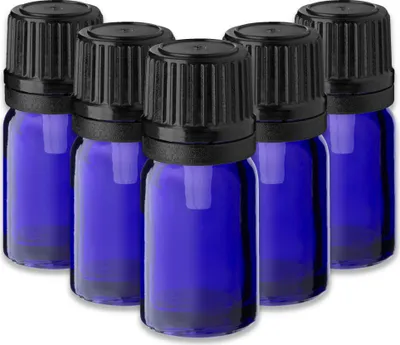 Produktbild von 5x Blaue Glasflasche 5 ml mit schwarzem Tropfeinsatz​ Probefläschchen