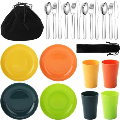 Camping Besteckset 20-teilig, wiederverwendbare leichte Tasse und Teller mit Edelstahlbesteck, ideal für das Camping mit 4
