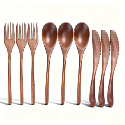 Holz-Besteck-Set 9-tlg. – Löffel, Gabel, Messer