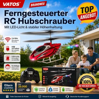 Produktbild von VATOS RC Hubschrauber 2,4 GHz, ferngesteuertes Helikopter Spielzeug mit LED, Höhenhaltung & Fernbedienung